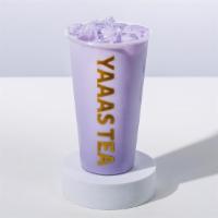 Taro Milk Tea · A sweet drink with subtle hints of vanilla and a nutty flavor, presented in a vividly purple...