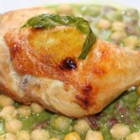 Chicken Tarator · Oven-roasted thigh over chickpea, hazelnut, parsley, and pastirma.