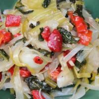 Vegetable Medley · Sauteed leeks, bok choy, spinach with roasted red peppers, garlic, olive oil with dash of le...