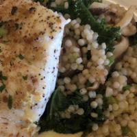 Halibut · Vegetable Cous Cous, Herb and Garlic Sauce