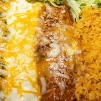 Chimichanga Lunch · Soft or fried tortilla with ground beef, chicken or pork and cheese dip. Served with lettuce...