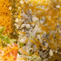 Enchiladas Verdes · Three chicken enchiladas topped with green avocado salsa and fresh Mexican cheese. Served wi...