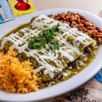 Steak Enchilada · Filled with Mexican Monterey jack cheese. Three soft corn tortillas smothered with your choi...
