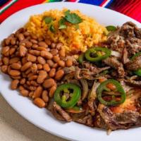 Bistec A La Mexicana · Grilled chicken tender steak accompanied with onions, tomatoes, serrano peppers, and cilantr...