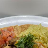 Pastor Bowl · Roasted pork, served with romaine lettuce, Oaxaca cheese, avocado, cilantro rice, refried be...