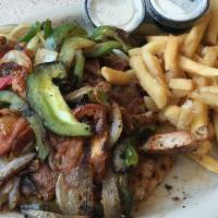 Souvlaki Platter · Your choice of chicken or pork With tomato, peppers, onions and tzatziki on pita bread, serv...