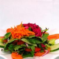 Green Salad · Vegetarian, vegan, dairy free, gluten free. Baby mixed greens, romaine, sliced tomatoes, red...