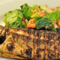Bronzino · Mediterranean seabass, char-grilled and served with green salad and potatoes.