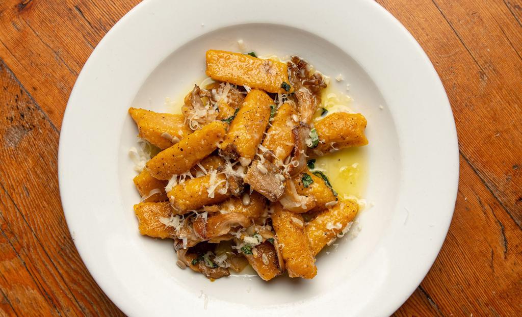 Butternut Squash Gnocchi · Oyster mushrooms, sage, Parmesan, sunflower seeds, truffle oil and browned butter.