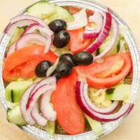 Garden Salad · Lettuce, tomatoes, cucumbers, red onions and olives. Served with choice of dressing.