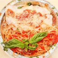 Chicken Parmigiana · Served with choice of pasta in tomato sauce or a garden salad.