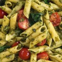 Pesto Penne · Penne style pasta topped with pesto sauce , olive oil,