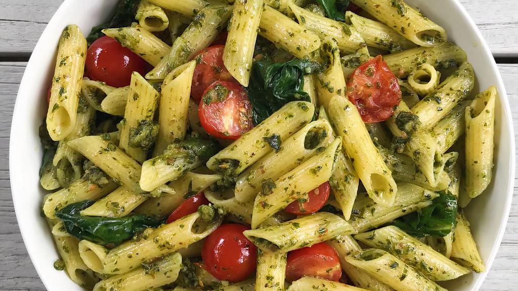 Pesto Penne · Penne style pasta topped with pesto sauce , olive oil,