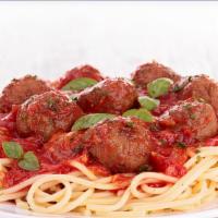 Meatballs With Spaghetti · Spaghetti style pasta beaded with fresh cooked beef
meatballs and marinara sauce.
