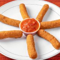 5 Piece Mozzarella Sticks · Mozzarella cheese that has been coated and fried.