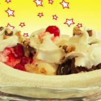 Banana Split (3 Scoops) · Standard Split is Chocolate Vanilla and Stawberry Ice Cream with Pineapple, Strawberries and...