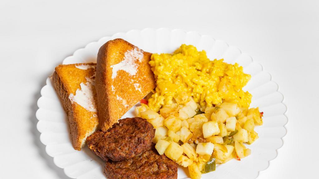 Vegan Grits Platter · Vegan Grits, Egg, Sausage, Bacon ,side Toast,
Hash Brown.