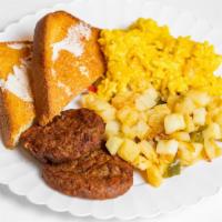 Vegan Egg And Sausage Breakfast Platter · Vegan Egg Scramble and Cheese with Toast and Hash Brown