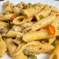 Rasta Pasta · Vegan Roasted Pepper Blend, Onion, Asparagus and Penne Noodles with our Creamy Rasta Sauce.