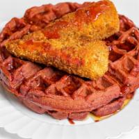 Vegan Spicy Fried Chicken And Waffles · Your Choice Of Vegan Red Velvet or Plain Waffles with Spicy Fried Chicken