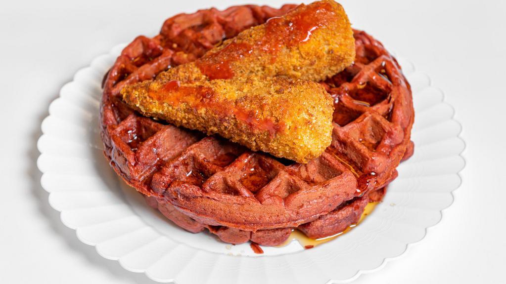 Vegan Spicy Fried Chicken And Waffles · Your Choice Of Vegan Red Velvet or Plain Waffles with Spicy Fried Chicken