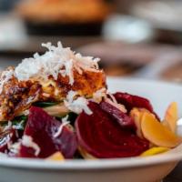 Beet Salad · Vegetarian. Heirloom beets, field greens, green apples, shaved coconut, caramelized goat che...