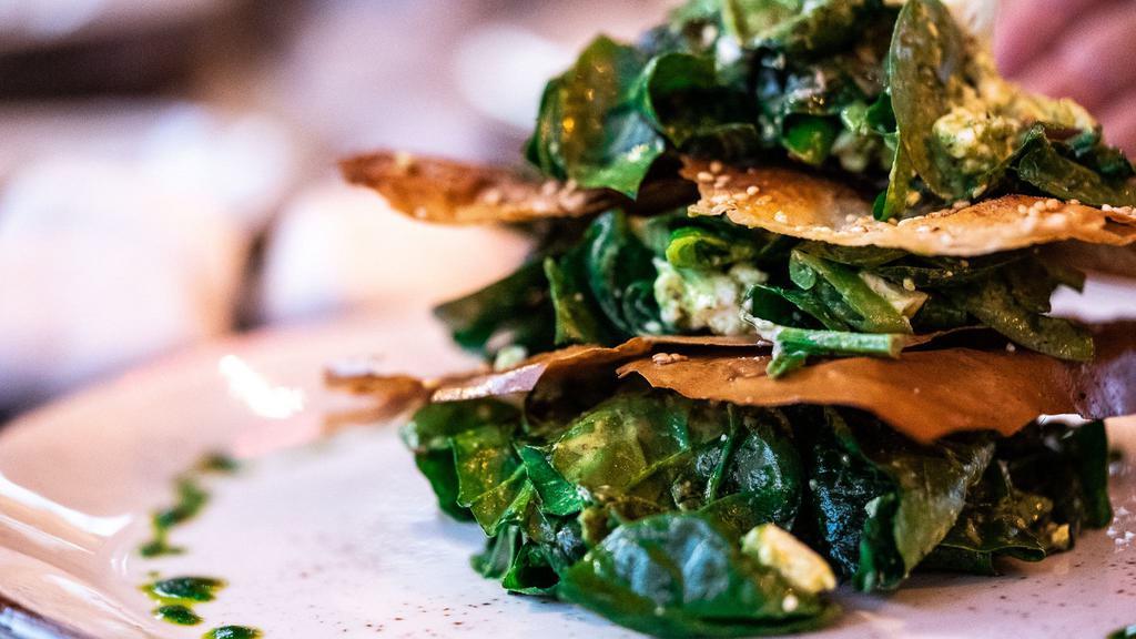 Spinach Salad · raw baby spinach, layered with crispy phyllo, Greek feta & ricotta, honey & dill vinaigrette