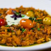 Veggie Orzo · Vegetarian. Seasonal vegetables, cherry tomato confit, crushed kalamata olives, herbs, Feta ...