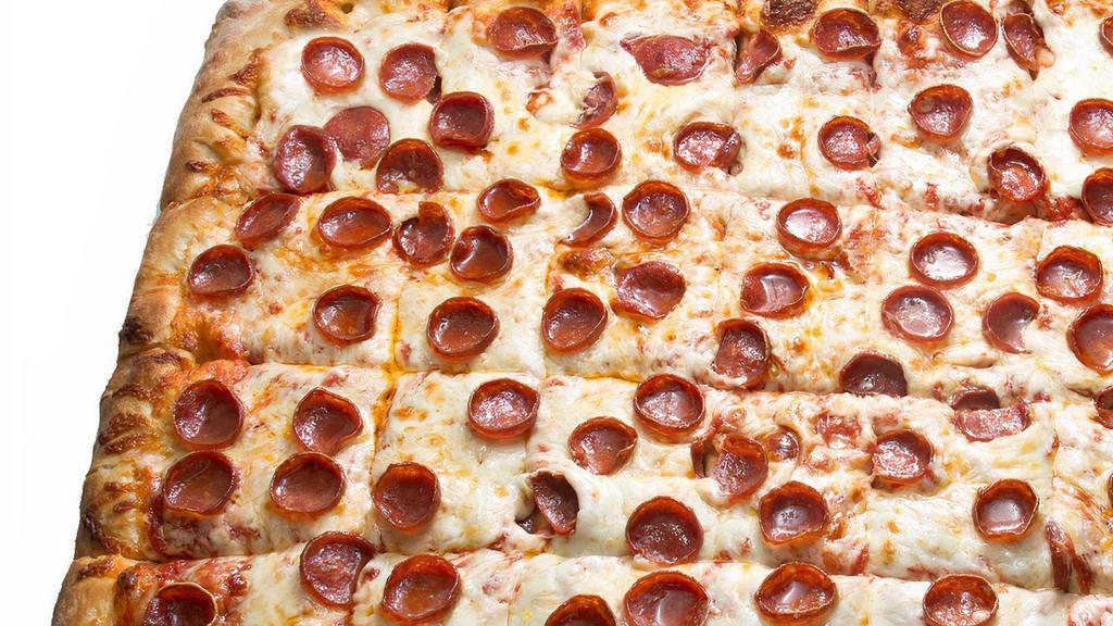 Sheet Cheese Pizza *Shown With Pepperoni, Additional Charge Applies · Perri's traditional Sheet pizza with mozzarella made to order, 32 square pieces.