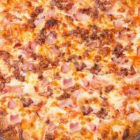 Pink Piggy Pizza · Pink sauce (garlic and tomato mix), bacon, chopped ham, mozzarella cheese and oregano.
