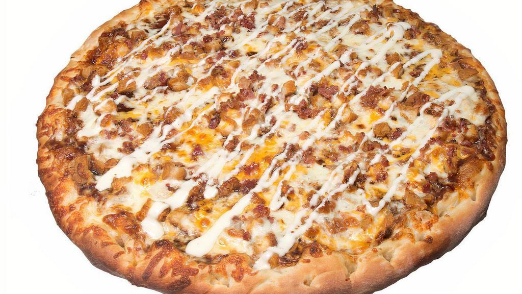 Chicken Bacon Cheddar Ranch Pizza · City sweet sauce, breaded chicken, bacon, cheddar, mozzarella cheese and ranch swirl.