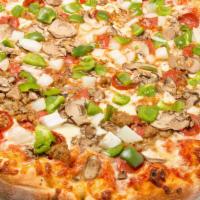 Perri'S Supreme Pizza · Tomato pizza sauce, pepperoni, sausage, fresh mushroom, sweet peppers, onion and mozzarella ...