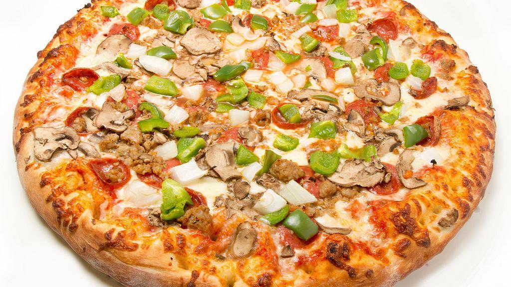 Perri'S Supreme Pizza · Tomato pizza sauce, pepperoni, sausage, fresh mushroom, sweet peppers, onion and mozzarella cheese.