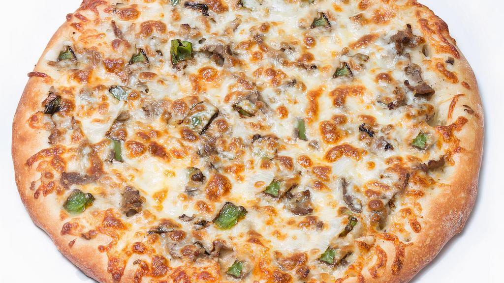 Philly Steak Pizza · White garlic sauce, shaved steak, sweet peppers, onions, fresh mushrooms and mozzarella cheese.