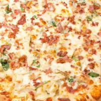 The Popeye Pizza · White garlic sauce, fresh spinach, grilled chicken, bacon, mozzarella cheese, pecorino Roman...