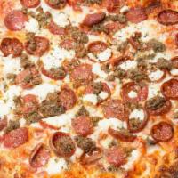 Meatballer Pizza · Tomato pizza sauce, Perri's famous pepperoni, meatball chunks, ricotta, mozzarella cheese an...