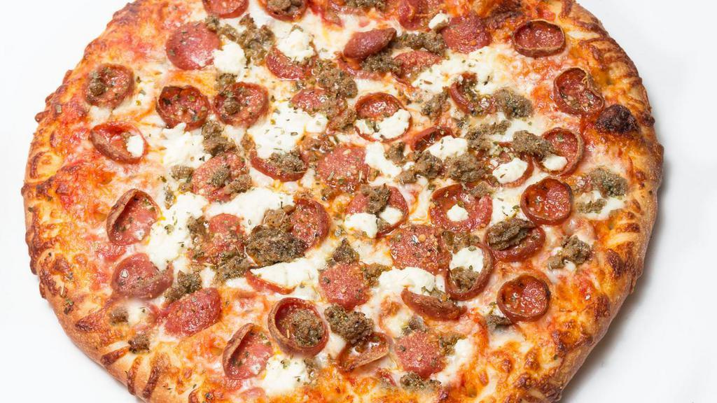 Meatballer Pizza · Tomato pizza sauce, Perri's famous pepperoni, meatball chunks, ricotta, mozzarella cheese and pecorino Romano and oregano.