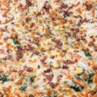 The B.L.T. Pizza · White garlic sauce, bacon, fresh spinach, sliced tomato, mozzarella cheese, pecorino Romano ...