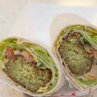 Falafel Wrap · Halal. Vegetarian. Served with lettuce, tomato, onion, and sauce.