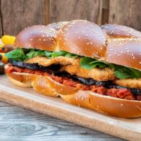 Ai'S Eggplant Parmesan Sandwich · Artfully battered fried eggplant sandwich with roasted peppers, marinara sauce, and fresh mo...