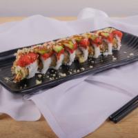 Fire Man Roll · Shrimp tempura and cucumber topped with spicy tuna and avocado. Choice of rice.