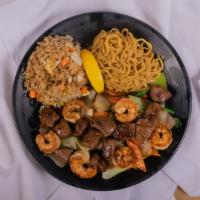 Hibachi Steak & Shrimp Combo · Comes with hibachi fried rice, hibachi noodle and choice of side.