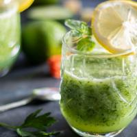 Avocado Bliss · Avocado, spinach, pineapple, banana, and apple juice.