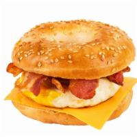 Bacon Egg & Cheese Bagel · Fresh eggs, crispy bacon, and creamy cheese stuffed in between a bagel.