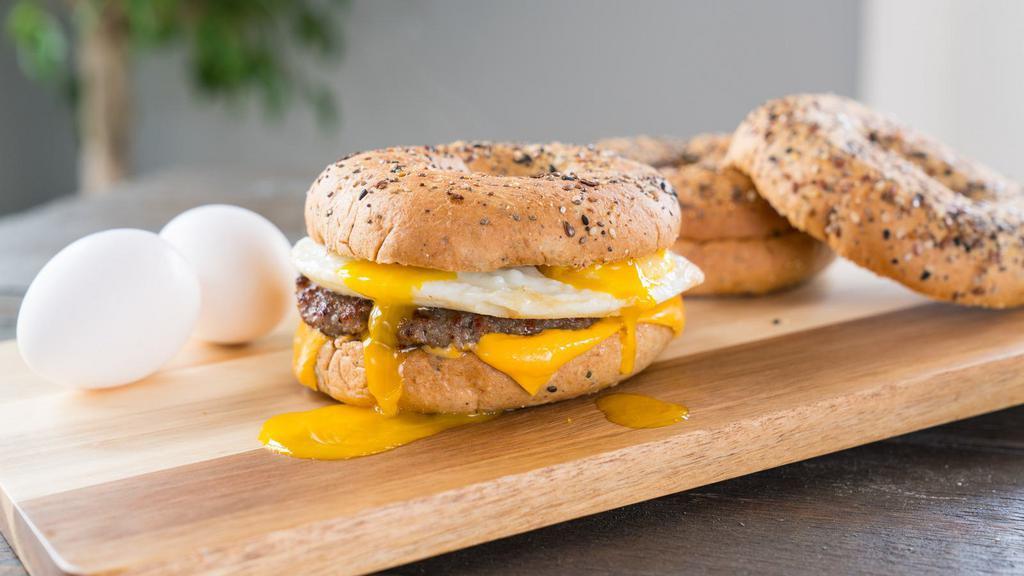 Sausage Egg & Cheese Bagel · Fresh eggs, savory sausage, and creamy cheese stuffed in between a bagel.