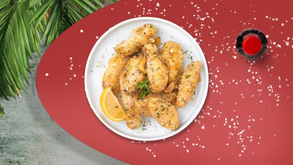 Parm Out Wings · Fresh vegan wings breaded, fried until golden brown, and tossed in garlic and parmesan. Served with a side of vegan ranch or vegan bleu cheese.