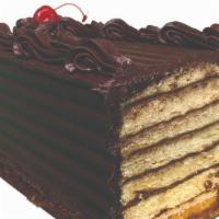 7 Layer Cake - Small · Seven thin layers of Vanilla Cake alternating with a thin layer of Chocolate Buttercream and...