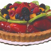 Large Fruit Torte · Pastry shell lined with chocolate and vanilla custard topped with fresh fruit