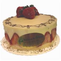 French Strawberry Shortcake · Vanilla Cake with Fresh Strawberries and Bavarian Cream topped with Marzipan