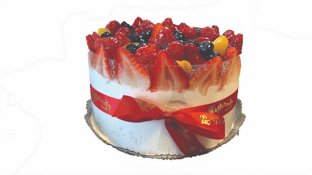 Tres Leche · Vanilla Cake soaked in 3 Milks filled with Dulce de Leche, Vanilla Custard and Whipped Cream and topped with fresh mixed fruit